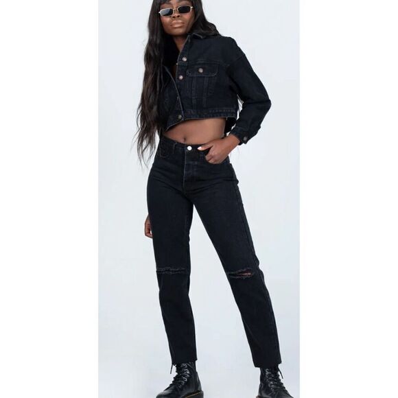 Princess Polly ATTICA KNEE RIP DENIM JEANS BLACK Button Fly Size 6 Nwot - Picture 1 of 9